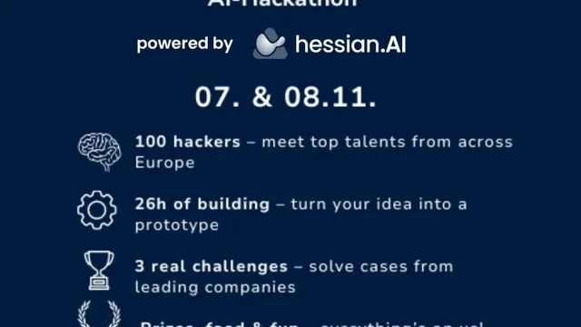 Text mit Veranstaltungshinweis zum AI-Hackathon FUTURY BUILD_DAYS am 07. und 08.11., organisiert von hessian.AI, mit Angaben zu Teilnehmern, Dauer, Herausforderungen und Preisen, darunter Logos von WISAG, Deutsche Bank und MAINGAU.