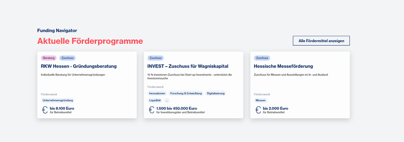 Darstellung der aktuellen Förderprogramme auf der Start-Seite