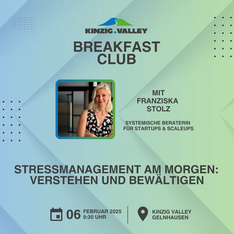 Veranstaltungsbanner des Kinzig Valley. Breakfast Club mit Franziska Stolz zum Thema "Stressmanagement am Morgen: Verstehen und Bewältigen"