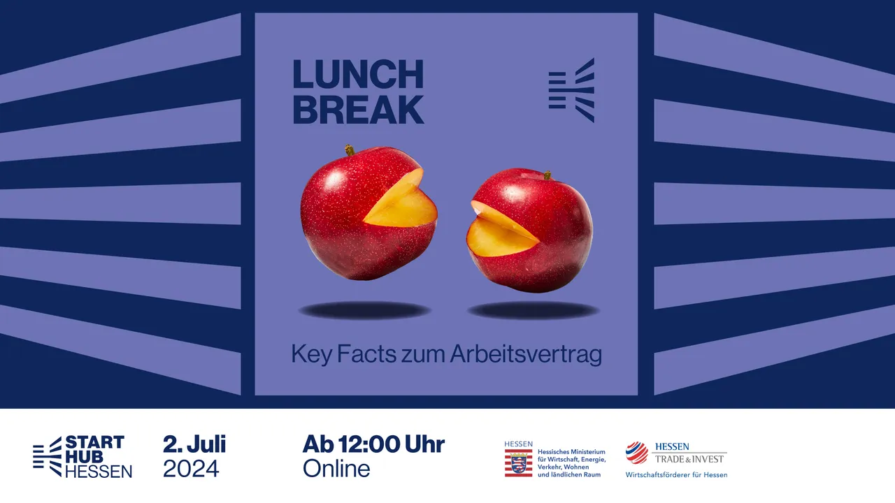 Veranstaltungsbanner für die Online-Veranstaltung "Lunchbreak" des StartHub Hessens. In der Mitte sind zwei sprechende Zitronen abgebildet. Auf dem Banner steht der Titel der Veranstaltung "Arbeitsvertrag für Start-ups"".