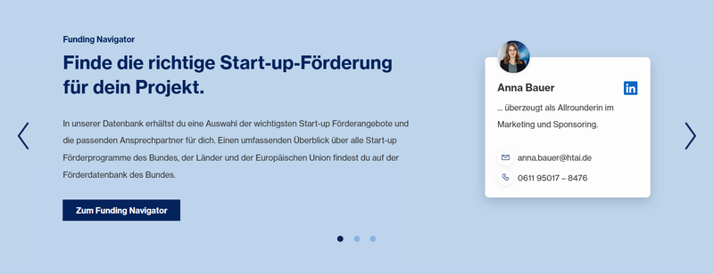 Darstellung der Angebote des StartHub Hessen auf der Start-Seite