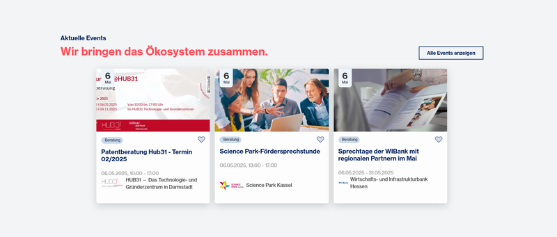 Darstellung der Veranstaltungen auf der Start-Seite