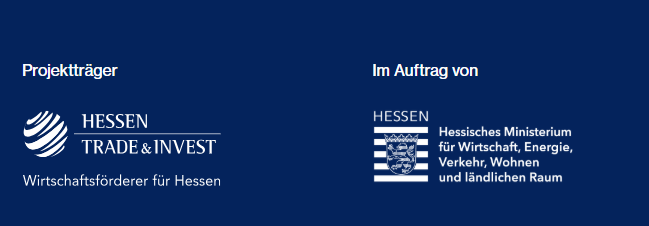 Darstellung der Logos des Projektträger (Hessen Trade & Invest GmbH) und des Auftraggebers (Hessische Wirtschaftsministerium)