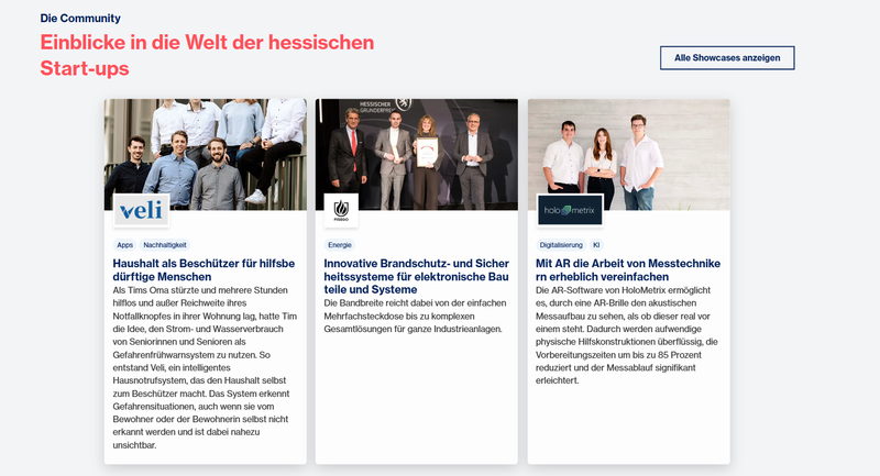 Darstellung der Rubrik "Showcases" auf der Start-Seite
