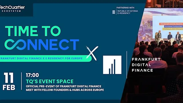 Veranstaltungsbanner des TQ: Time2Connect auf der Frankfurt Digital Finance. Am 11. Februar 2025 ab 17 Uhr.