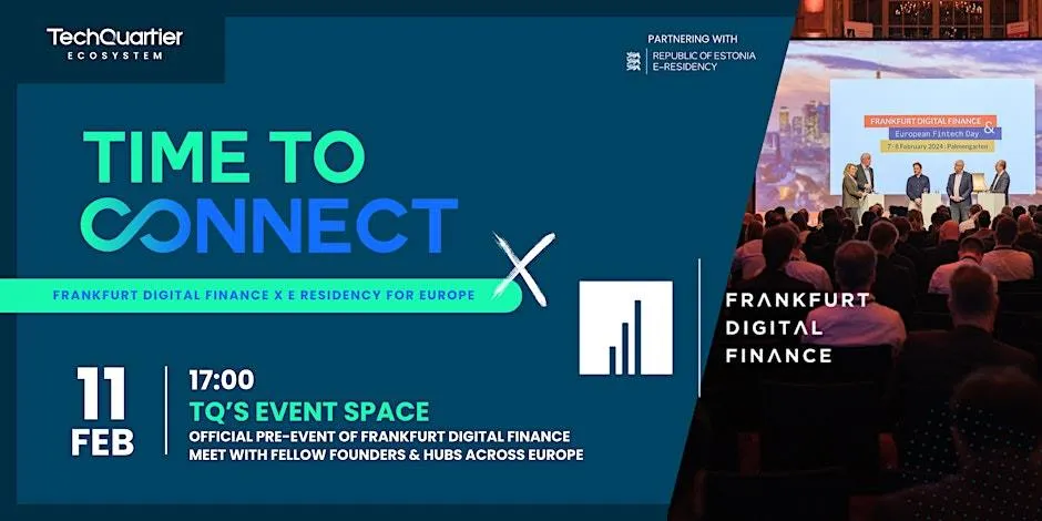 Veranstaltungsbanner des TQ: Time2Connect auf der Frankfurt Digital Finance. Am 11. Februar 2025 ab 17 Uhr.